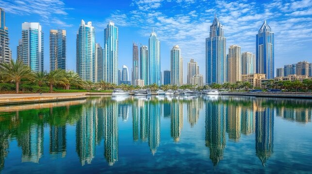 A stunning view looking up at towering high-rises, their sharp lines and reflective surfaces creating a dynamic skyline against a blue sky.