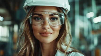 A confident engineer with safety gear including a hard hat and protective glasses, expressing professionalism and assurance in an industrial background setup.