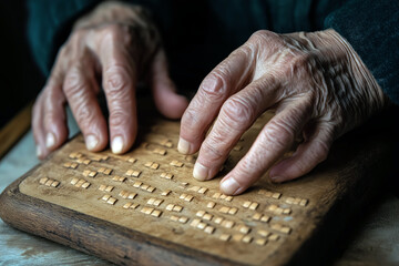 Hands of an elderly person reading Braille from a wooden board, shallow depth of field.