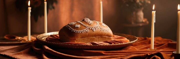 Fototapeta premium Día de los Muertos ofrenda with Pan de Muerto and candles 