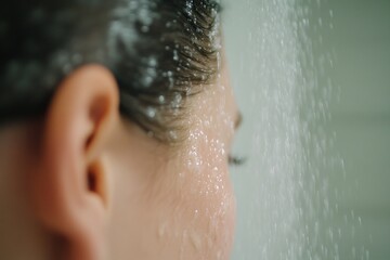 Fototapeta premium A woman showers in a modern bathroom, directing water from a handheld showerhead towards the camera