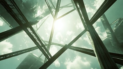 A view looking up at the metallic framework of an electricity pylon, reaching toward a bright sky with scattered clouds and sunlight streaming through.
