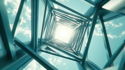 A view looking up at the metallic framework of an electricity pylon, reaching toward a bright sky with scattered clouds and sunlight streaming through.
