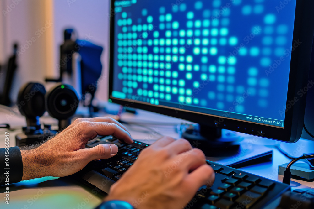 Wall mural close-up of a modern braille display device connected to a computer, with a visually impaired person