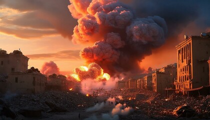 Una escena de la ciudad de humo y destrucción después de un ataque aéreo, humo rojo, fuego, edificios en ruinas, nubes de humo, destrucción, escena de guerra, ciudad y edificios en ruinas