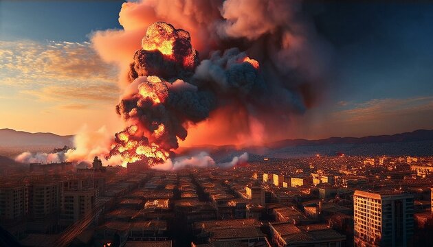Una escena de la ciudad de humo y destrucci&oacute;n despu&eacute;s de un ataque a&eacute;reo, humo rojo, fuego, edificios en ruinas, nubes de humo, destrucci&oacute;n, escena de guerra, ciudad y edificios en ruinas