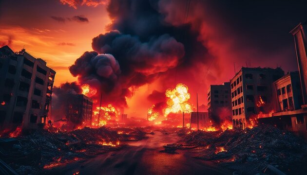 Una escena de la ciudad de humo y destrucci&oacute;n despu&eacute;s de un ataque a&eacute;reo, humo rojo, fuego, edificios en ruinas, nubes de humo, destrucci&oacute;n, escena de guerra, ciudad y edificios en ruinas