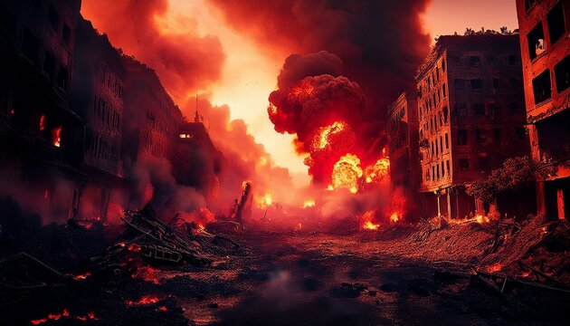 Una escena de la ciudad de humo y destrucci&oacute;n despu&eacute;s de un ataque a&eacute;reo, humo rojo, fuego, edificios en ruinas, nubes de humo, destrucci&oacute;n, escena de guerra, ciudad y edificios en ruinas