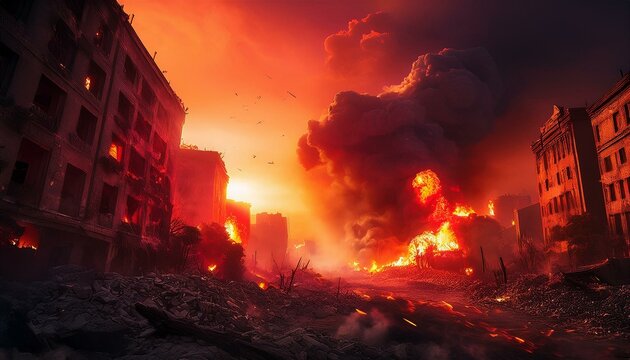 Una escena de la ciudad de humo y destrucci&oacute;n despu&eacute;s de un ataque a&eacute;reo, humo rojo, fuego, edificios en ruinas, nubes de humo, destrucci&oacute;n, escena de guerra, ciudad y edificios en ruinas