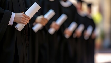 Happy And Confident Graduate Students Celebrating Graduation Outdoors, Wearing Black Robes And Holding Diplomas. Emphasizing Education And Achievement.
