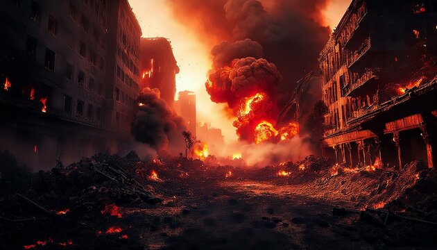 Una escena de la ciudad de humo y destrucci&oacute;n despu&eacute;s de un ataque a&eacute;reo, humo rojo, fuego, edificios en ruinas, nubes de humo, destrucci&oacute;n, escena de guerra, ciudad y edificios en ruinas