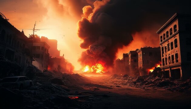 Una escena de la ciudad de humo y destrucci&oacute;n despu&eacute;s de un ataque a&eacute;reo, humo rojo, fuego, edificios en ruinas, nubes de humo, destrucci&oacute;n, escena de guerra, ciudad y edificios en ruinas