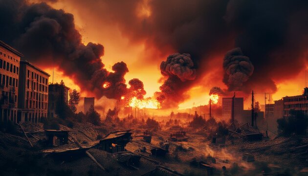Una escena de la ciudad de humo y destrucci&oacute;n despu&eacute;s de un ataque a&eacute;reo, humo rojo, fuego, edificios en ruinas, nubes de humo, destrucci&oacute;n, escena de guerra, ciudad y edificios en ruinas