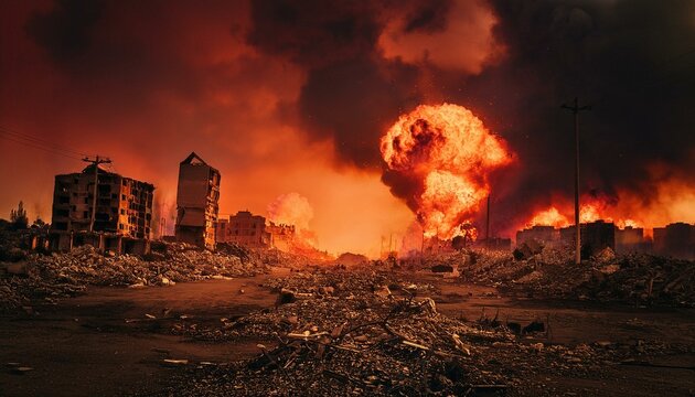 Una escena de la ciudad de humo y destrucci&oacute;n despu&eacute;s de un ataque a&eacute;reo, humo rojo, fuego, edificios en ruinas, nubes de humo, destrucci&oacute;n, escena de guerra, ciudad y edificios en ruinas