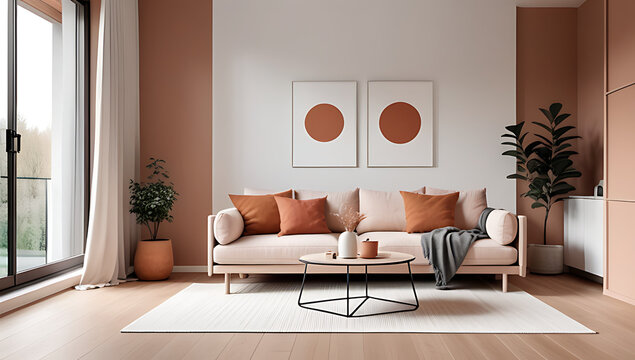cozy scandinavian living room features sofa terra cotta cushions near large windows