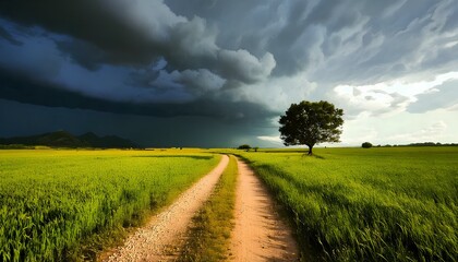 Fototapeta premium The road to storm; a lonely tree on a meadow