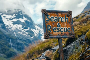A durable sign saying "Search & Rescue" in contemporary font, placed at the base of a mountain where rescue operations are coordinated 