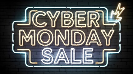Fototapeta premium Bright Cyber Monday Sale neon sign on brick wall art.