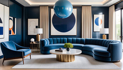 curved blue sofa sits decorative orbs modern art deco living room interior design style