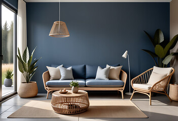 dark stucco wall features rattan sofa side table scandinavian farmhouse style living room blue beige accents home