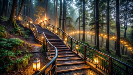 Enchanted Night: Metal Staircase in Dark Forest with Lanterns and Wet Leaves