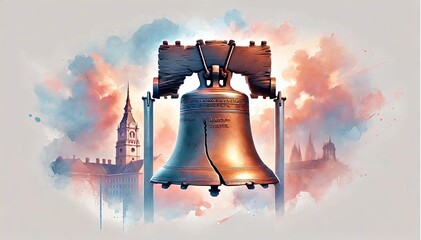 Liberty Bell For Patriot Day, Freedom Bell, Independence Day Illustration. Watercolor US Colors, Stars and Stripes Abstract Bell Design. Generative AI	
