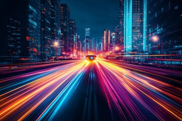Obraz premium Vibrant city lights create dynamic trails on a busy urban road at night