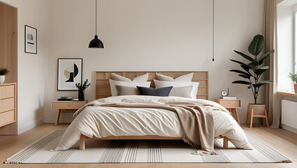 fringed cream plaid bed adorns scandinavian style bedroom minimalist accents natural wood tones cozy atmosphere