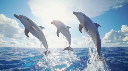 Fototapeta premium Dolphins gracefully leaping out of the ocean, creating splashes of water as they emerge in a playful, synchronized display under the bright, blue sky.