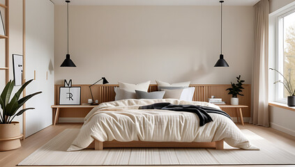 fringed cream plaid bed adorns scandinavian style bedroom minimalist accents natural wood tones cozy atmosphere