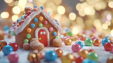 Colorful gingerbread house with candy decorations on a sparkling background.