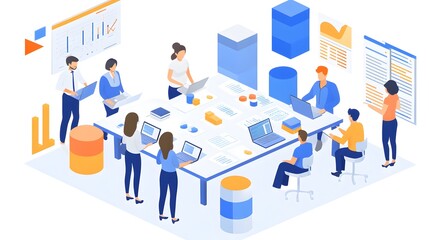 Diverse individuals collaborating in a modern office meeting environment.