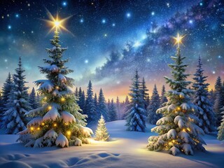 Enchanting Christmas Eve Landscape with Snowy Pine Trees and Twinkling Lights