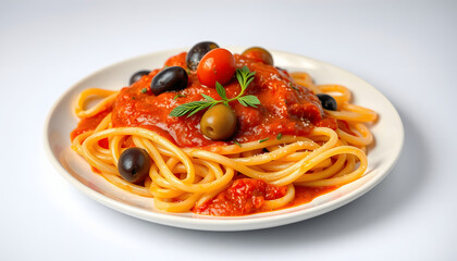 Plate with tasty pasta, olives and tomato sauce on color background isolated with white highlights, png