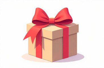 Obraz premium Gift box on white background. Giftbox with red ribbon in flat style. New year or Christmas present, gift box on Birthday. Banner with a place for text, copy space