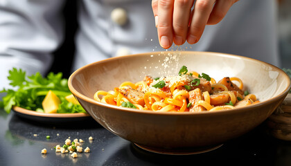 Chef garnishing bowl with food isolated with white highlights, png
