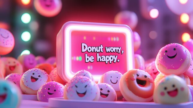 Colorful and cheerful image of glowing light box with happy-faced donuts, pun "Donut worry, be happy," exuding positive humor. - Powered by Adobe