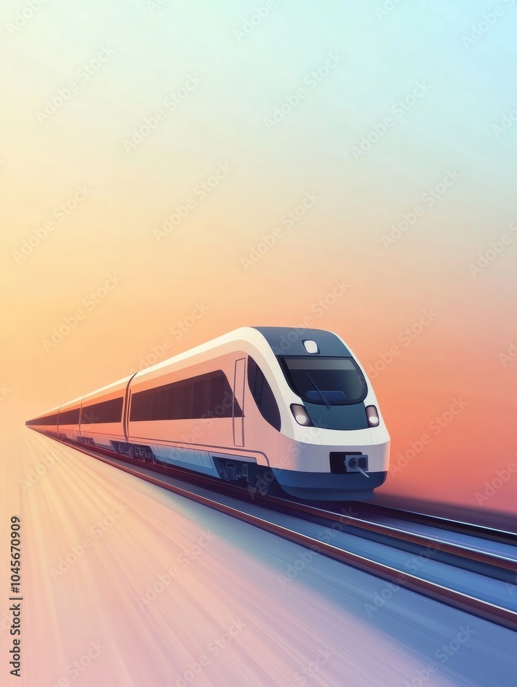 Poster a sleek train glides along smooth tracks, surrounded by a tranquil atmosphere as the sun sets in the