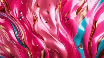 Featuring dynamic, fluid waves of pink with striking gold and blue highlights, this captivating abstract artwork creates a sense of movement and energy.