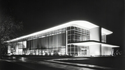 Striking black and white view of a functionalist public building illuminated at night with clear structural lines