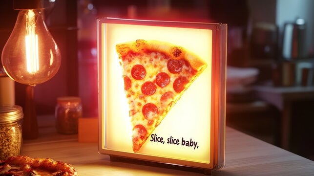 Vibrant light box design featuring a pizza slice with the pun "Slice, slice baby," energetic and playful, perfect for food lovers.