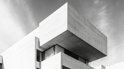 High-contrast black and white depiction of a functionalist skyscraper showcasing geometric shapes and clean lines