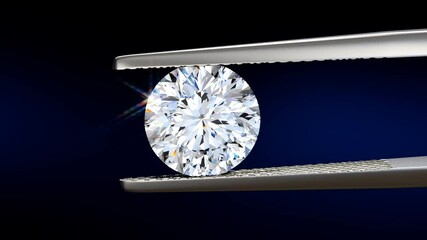 129 facet cut diamond in tweezers, swaying slightly on deep blue background. Seamless loop 3D animation.