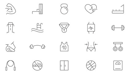 Fitness and Gym line icon set.  Types of physical activity, proper nutrition, well-being, mental health, healthcare, cosmetics, treadmill, barbell line icon set. UI thin line icon pack.
