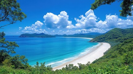 Fototapeta premium A panoramic view of a pristine white sand beach with crystal clear blue water and lush green foliage.