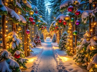 Fototapeta premium Enchanting Christmas Passage Through Snowy Forest with Twinkling Lights and Festive Decor