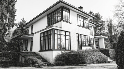 Monochrome portrait of a modernist villa showcasing functionalist design and large windows in an elegant setting