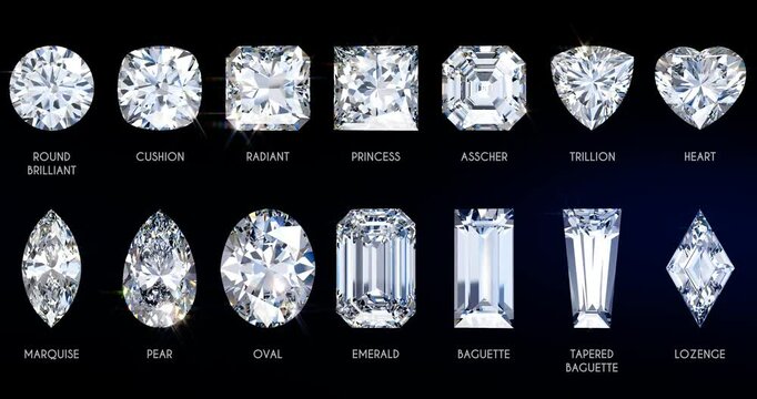 Fourteen popular diamond shapes with titles swaying slightly on deep blue background. Seamless loop 3D animation