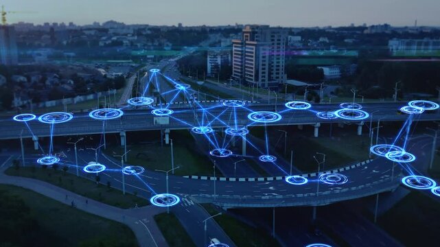 Artificial intelligence-driven vehicles driving on the city's multi-level roundabout. Driverless cars scan the road, keep their distance. Safe autonomous transportation of the future. HUD elements. 4K