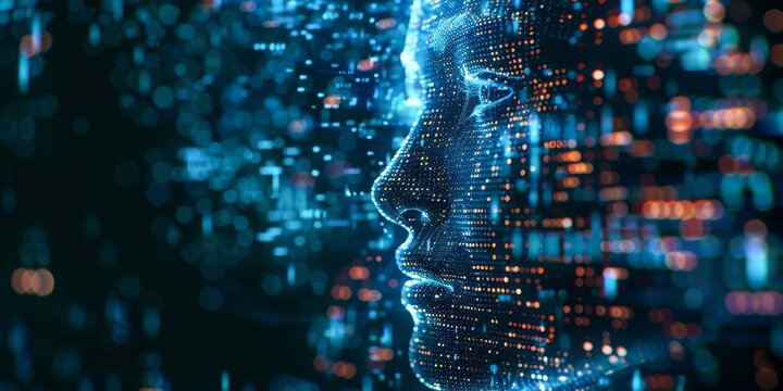 A glitched matrix of digital code flowing down a virtual screen forming an 3d wireframe mesh face, creating an illusion of movement